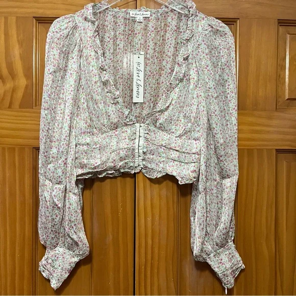 For Love And Lemons Pink and Green Ruffled Crop Blouse - Picture 5 of 15